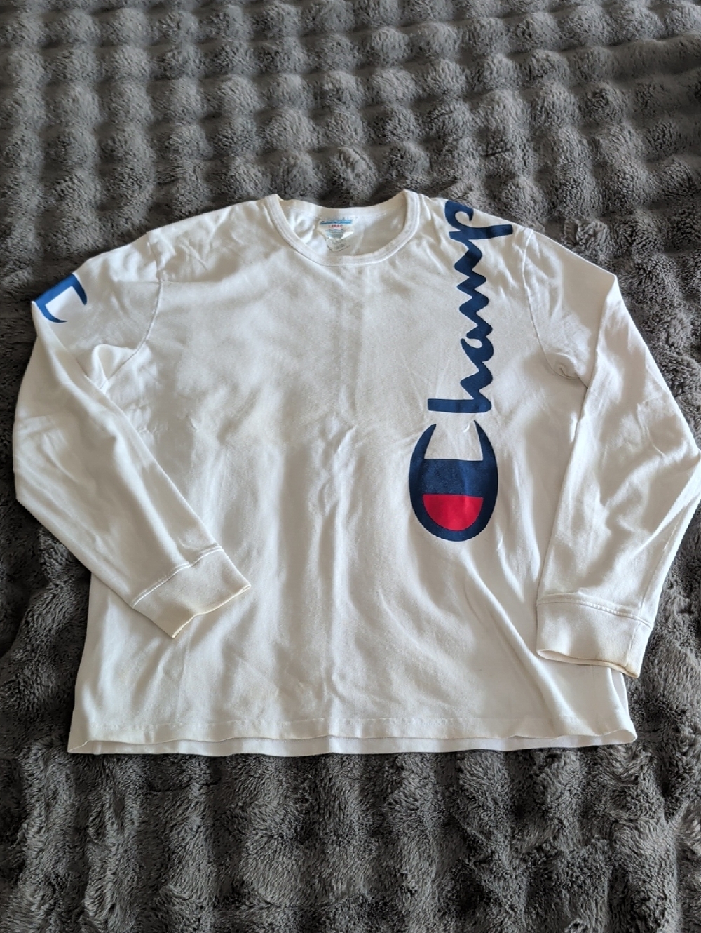Champion White Long Sleeve Tee with Navy & Red Logo